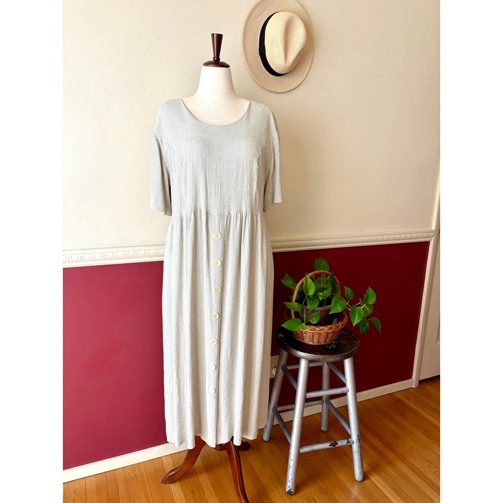 Vintage Tan Houndstooth Midi Dress Button Front Cottagecore USA Union Made Sz 16